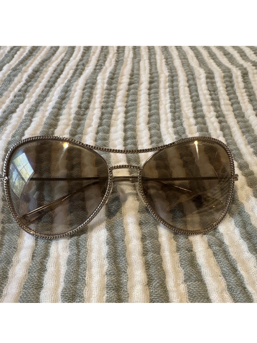 CHANEL Gold Chain-Trim Aviator Sunglasses with Brown Lenses
